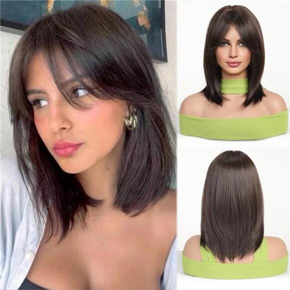 Short Straight Brown Bob Wigs With Curtain Bangs Shoulder Length Natural Brown-9